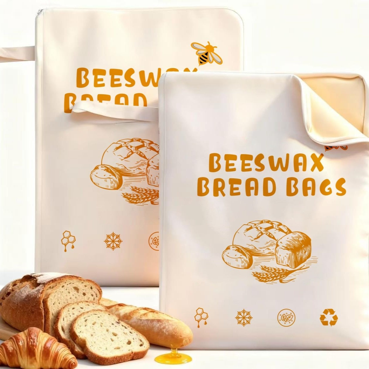 Cotton linen bread bag, cream with beeswax branding and bee & bread icon print