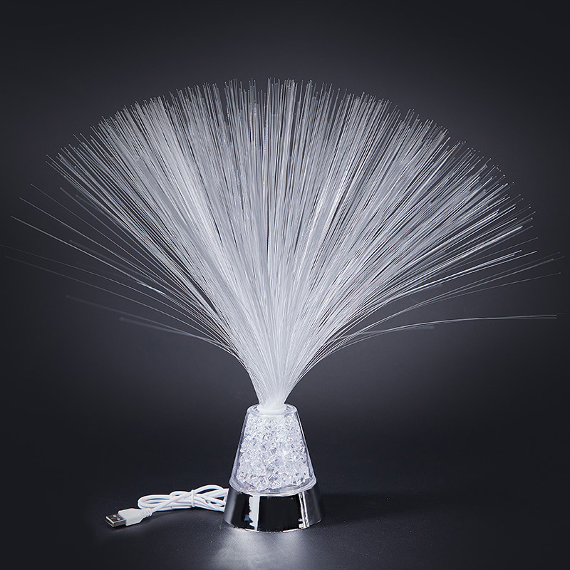 Fiber optic colour-changing lamp with clear crystal shade and chrome cone base