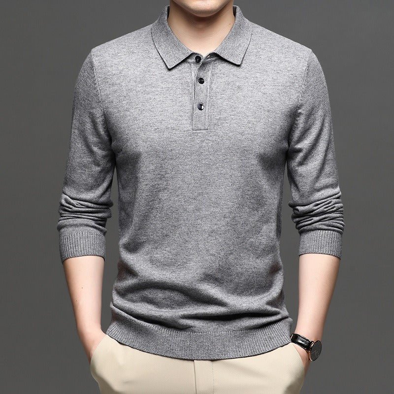 Men's knit pullover sweater with polo collar, button placket, heather gray.