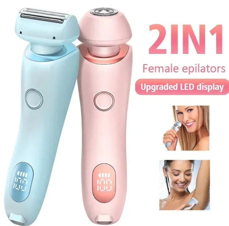 Blue and pink electric shaver duo, two handheld units with LED indicator windows