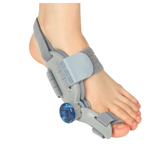Gray adjustable bunion corrector brace with toe separator and round adjustment knob