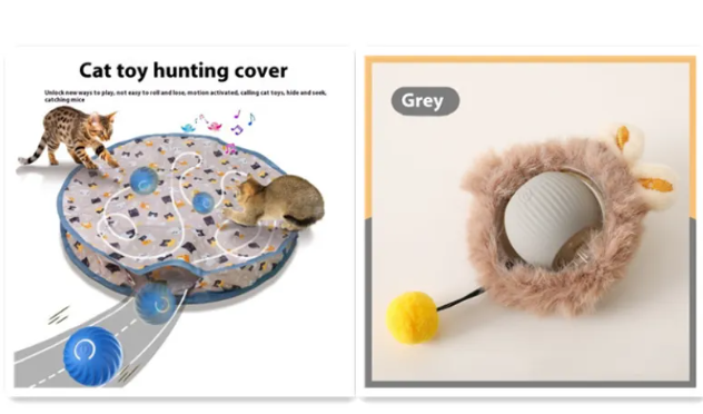Self-rolling plush cat toy ball with gray outer cover, yellow charm, and black rope