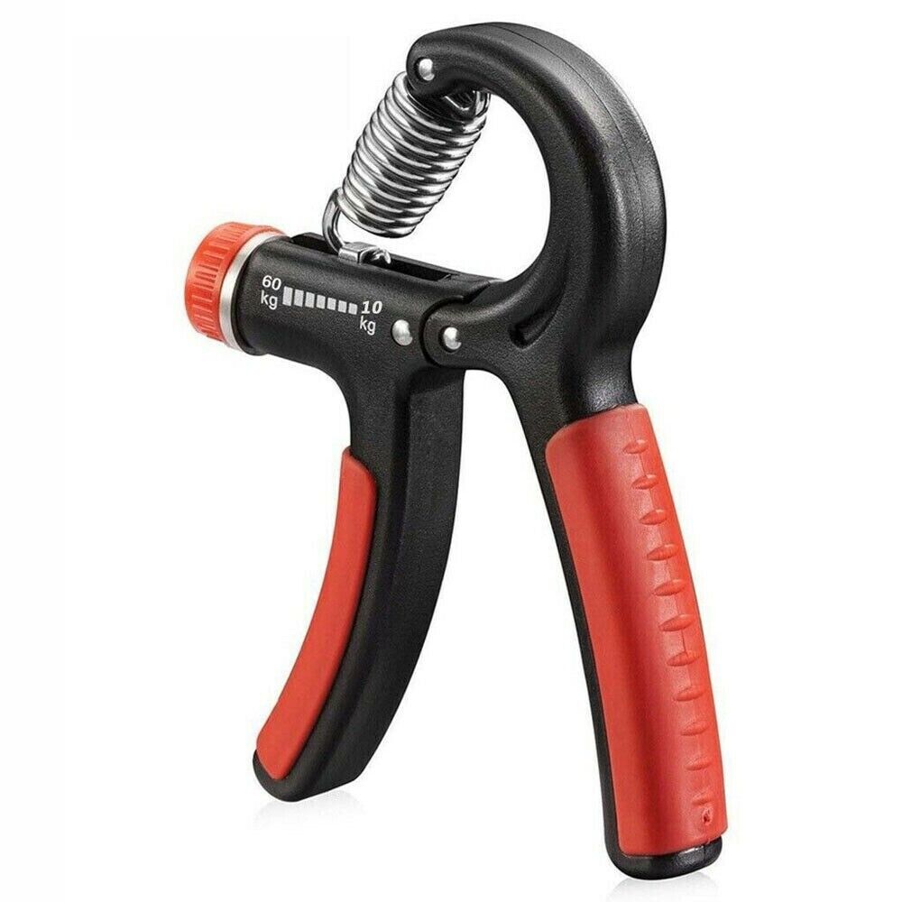 Hand grip strength trainer with black housing, red dial, red rubber grips, steel tension spring