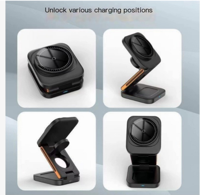 Wireless charger stand with four watch charging positions, black base and orange accents.