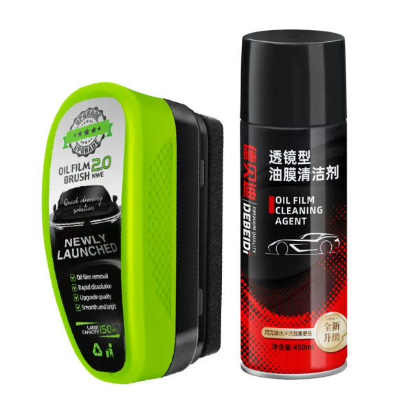 Car glass oil film remover kit: green brush and black-red cleaning aerosol can