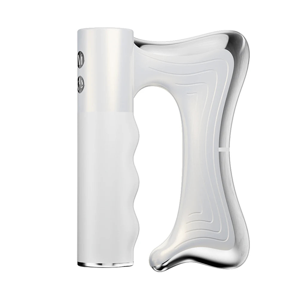 White massage blade tool with ergonomic curved body and rounded head