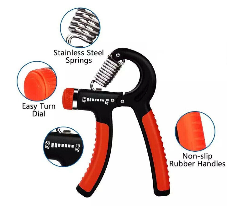 Adjustable hand grip strength trainer with black frame, red anti-slip handles, steel spring