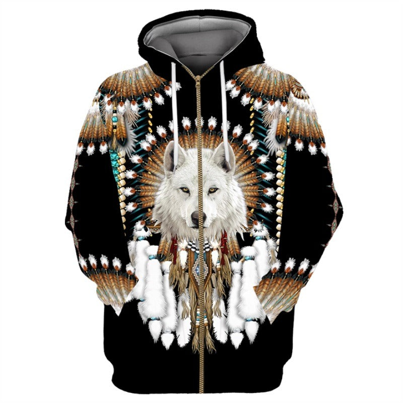 Wolf print 3D zip hoodie, black with white wolf face and hood, drawstrings