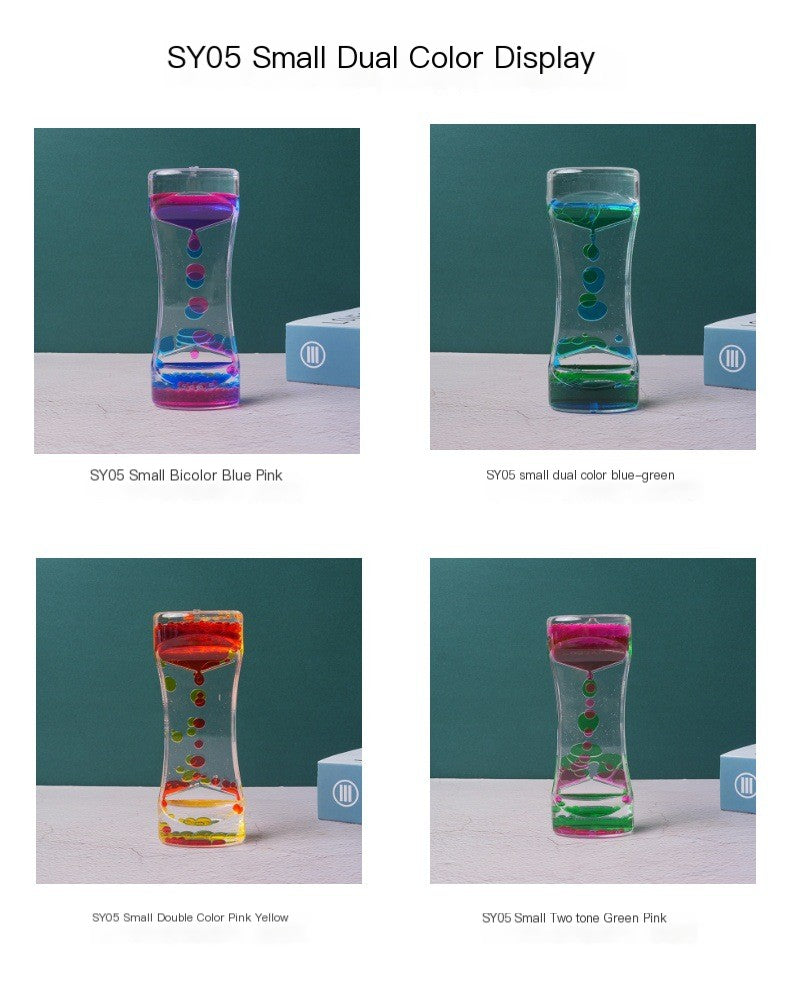 Small dual-color liquid hourglass timer set, showing multiple color combinations