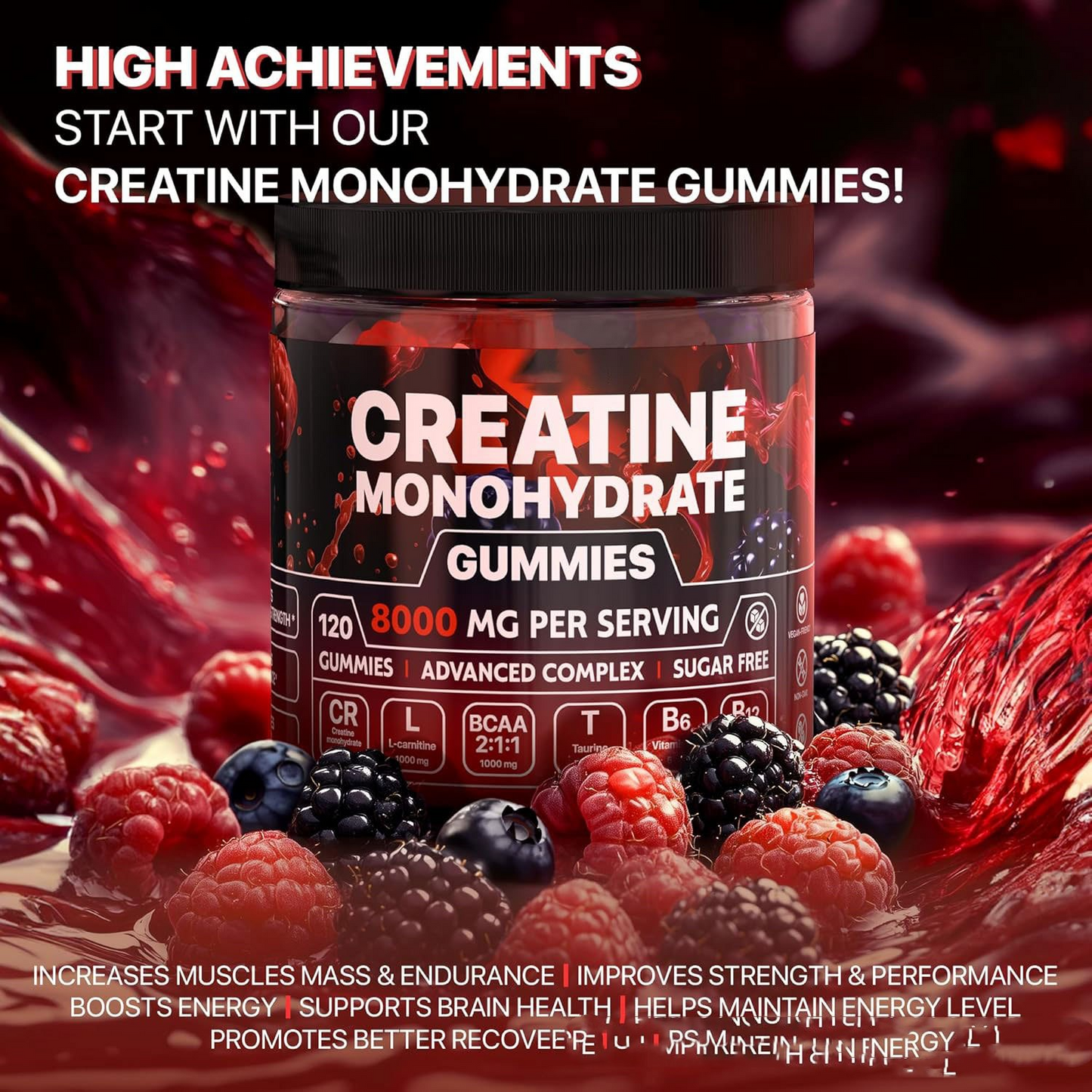 Creatine monohydrate gummies tub surrounded by raspberries, blueberries, and blackberries