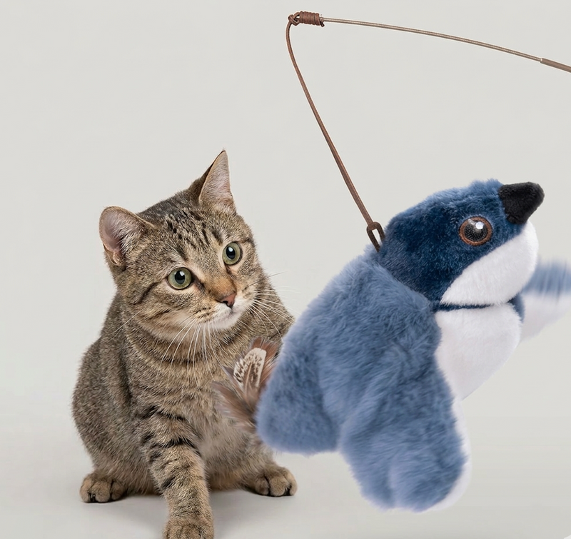 Cat playing with a blue and white toy resembling a paw on a light gray background