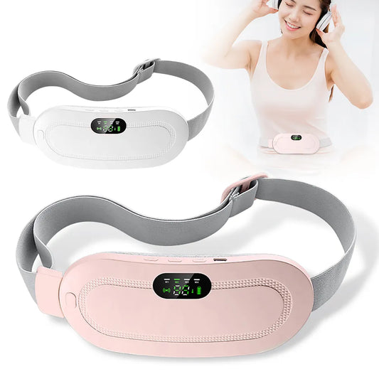White electric heating belt with gray strap and digital controller panel on front pad