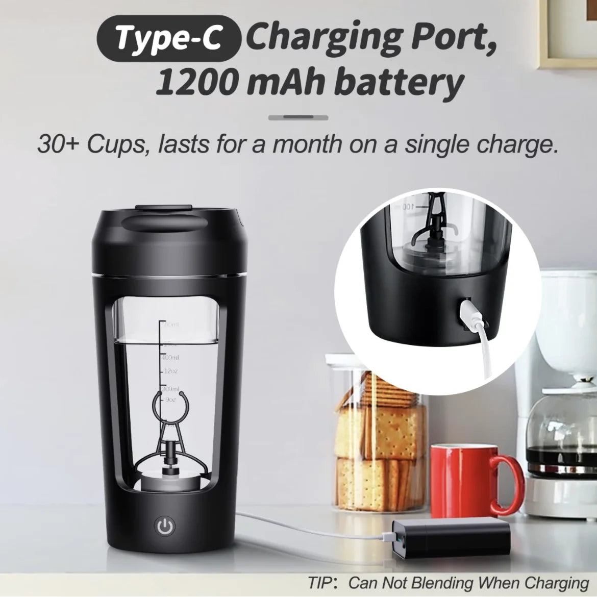Electric shaker bottle, black cup with visible Type-C charging port inside