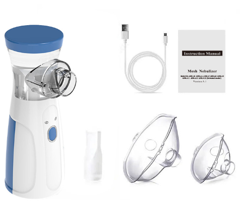 Blue and white mesh nebulizer with face masks, mouthpiece, and USB cable accessories.