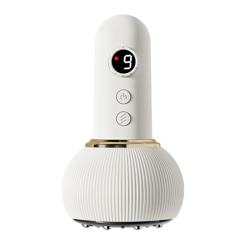 Electric body massage brush with white handle and ribbed base, mode display and controls