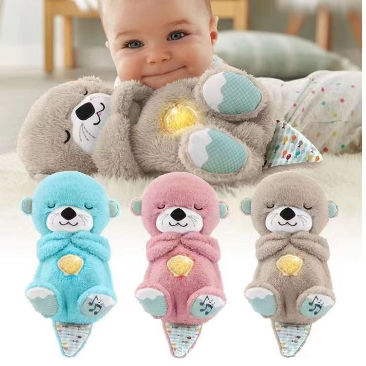 Set of three animal plush baby sound machines in blue, pink, and gray.