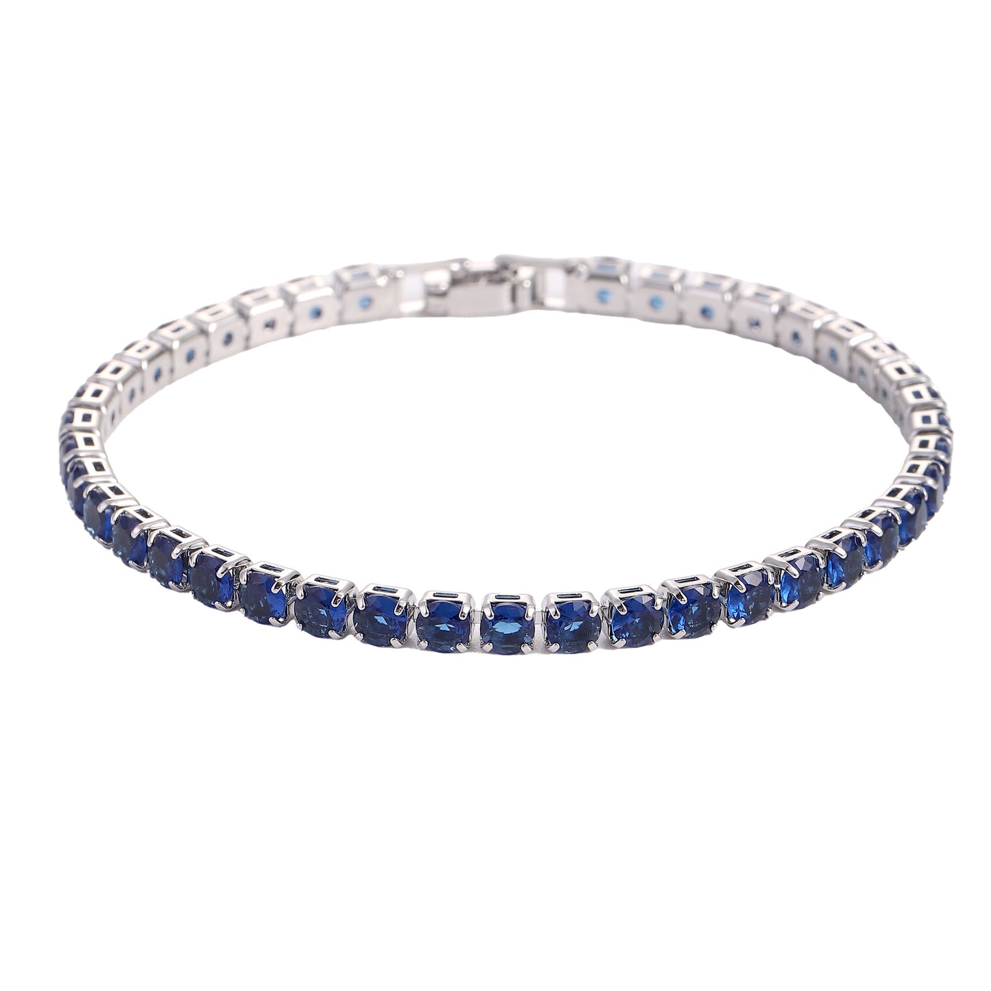 Silver tennis bracelet with blue micro zircon stones, continuous row