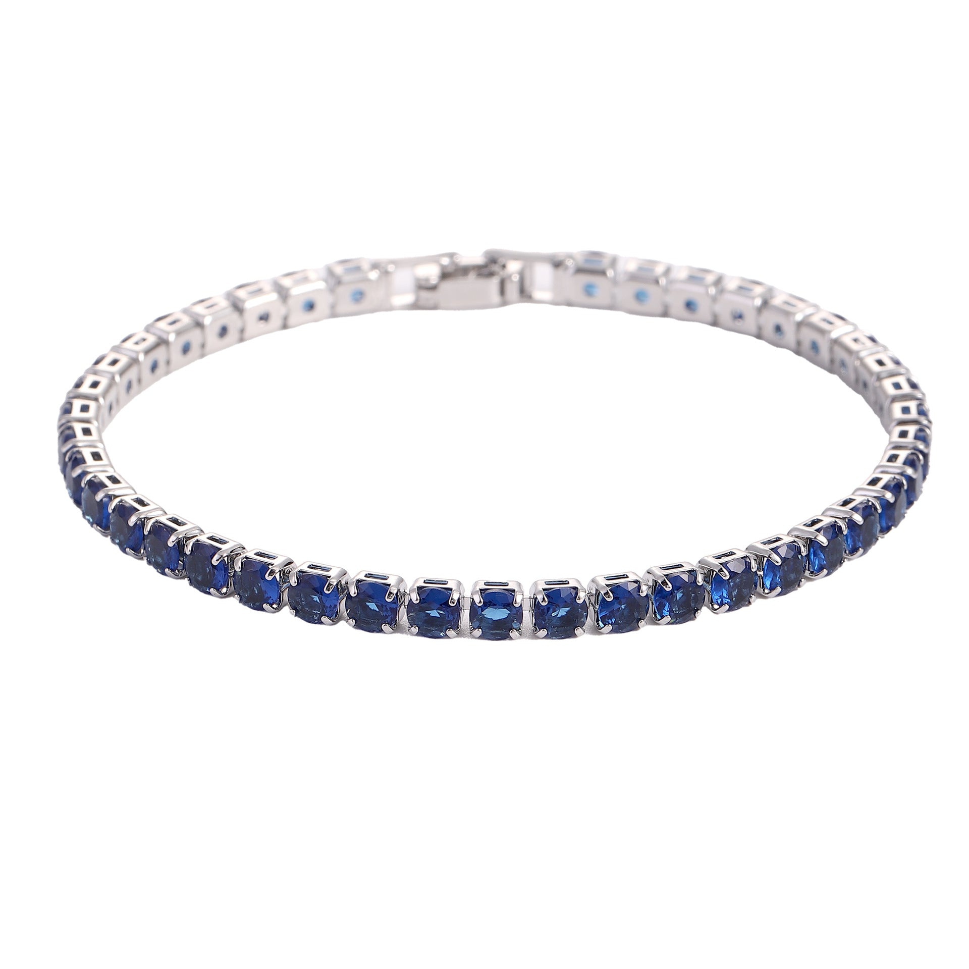 Silver tennis bracelet with blue micro zircon stones, continuous row