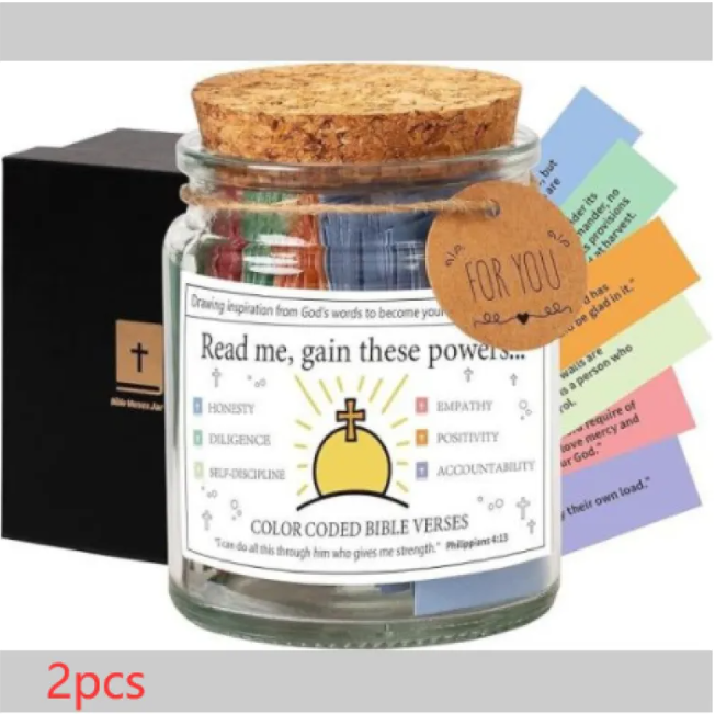 Glass jar with cork lid, 'FOR YOU' tag, '2pcs' text and color-coded verse cards.