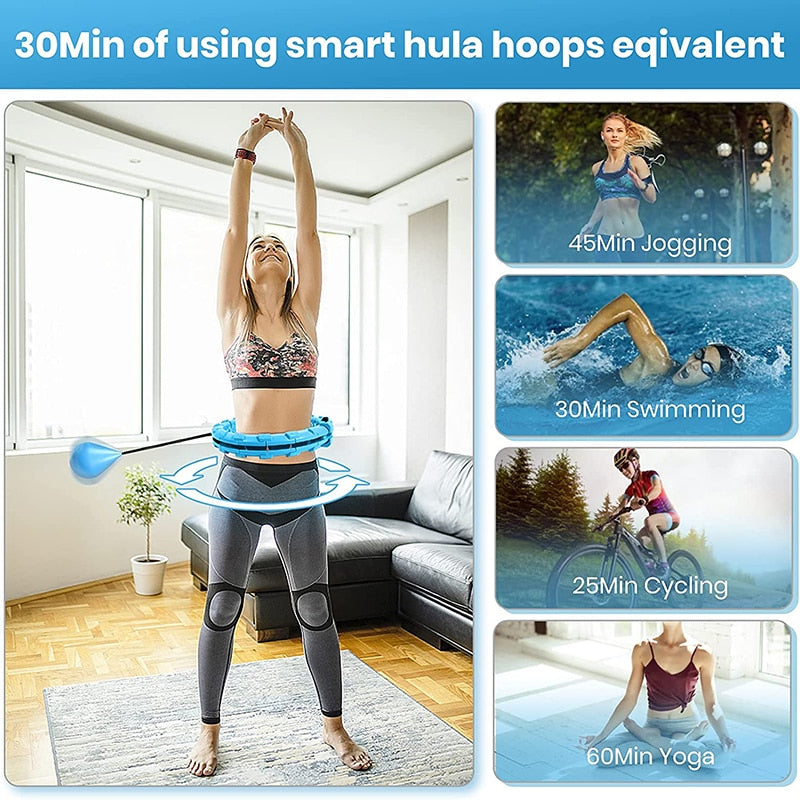 Blue weighted hula hoop with massage nodes worn around the waist