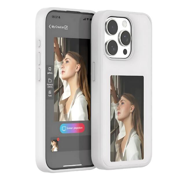 White E-Ink iPhone case shown open, front and back display windows.