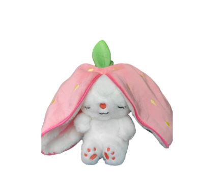 Plush breathing music doll, white bunny with pink hood and green leaf topper