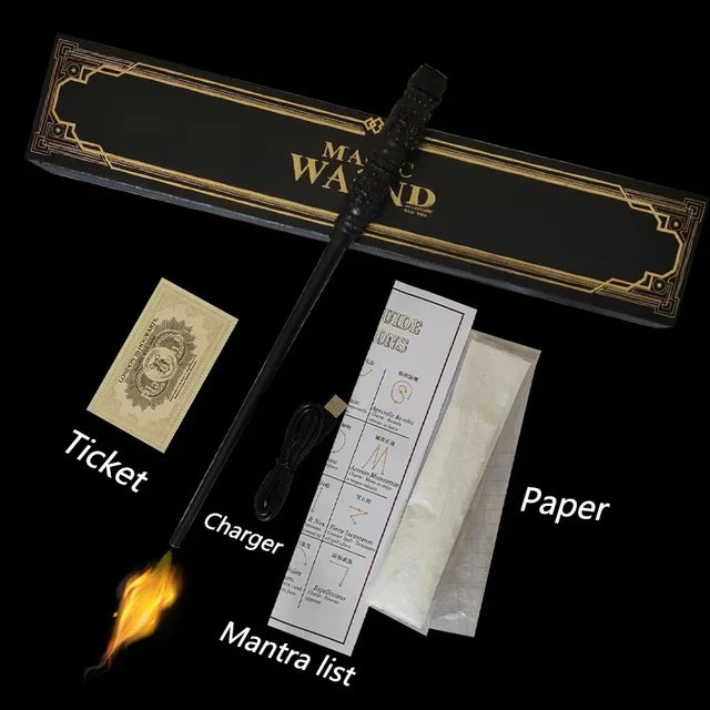 Magic wand toy with dark handle, flame tip, plus ticket, charger, and mantra list pieces