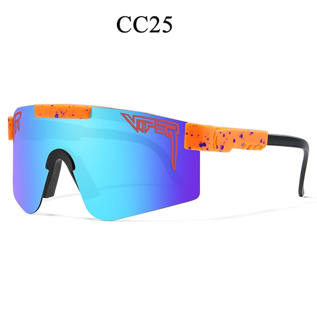 Women's sport sunglasses with blue mirrored lenses and orange speckled frame and temples