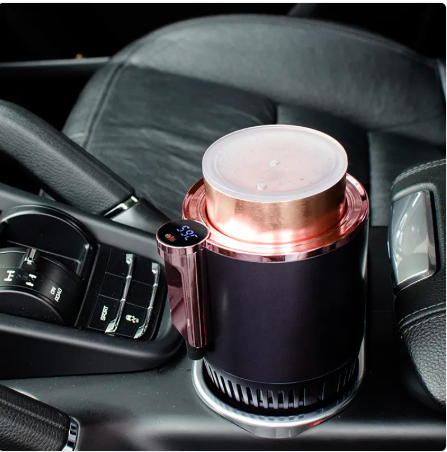 Car cup warmer cooler, black exterior with copper rim and glowing display