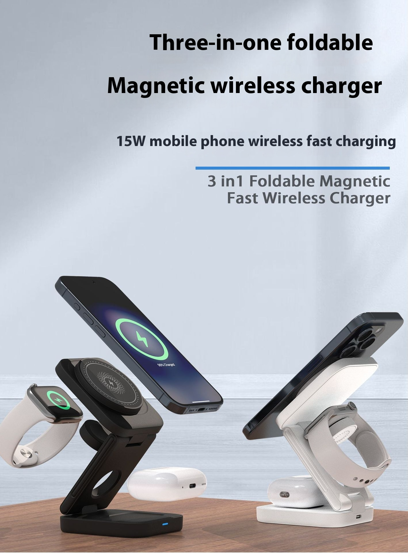 Foldable magnetic wireless charging station with smartphone, watch, and earbuds supported