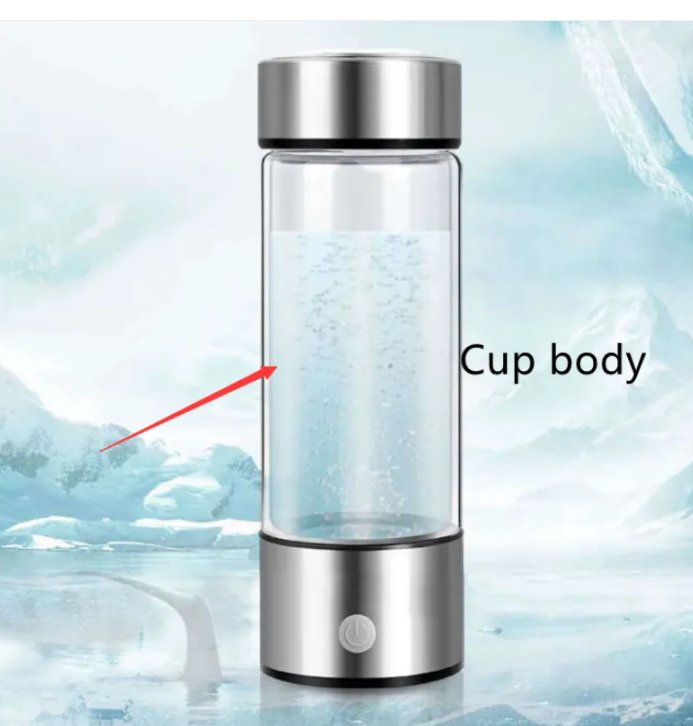Silver hydrogen water bottle with tall glass cup body and metal bottom ring