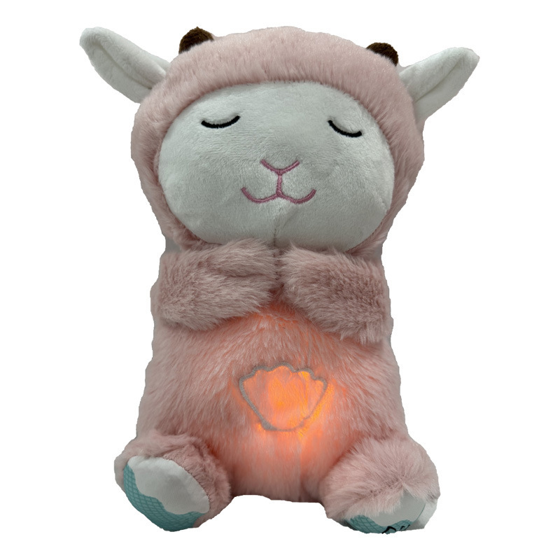 Pink lamb plush music toy with closed eyes and glowing heart panel