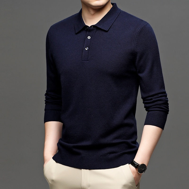 Deep navy knit polo sweater with lapel collar, button placket, ribbed cuffs and hem.