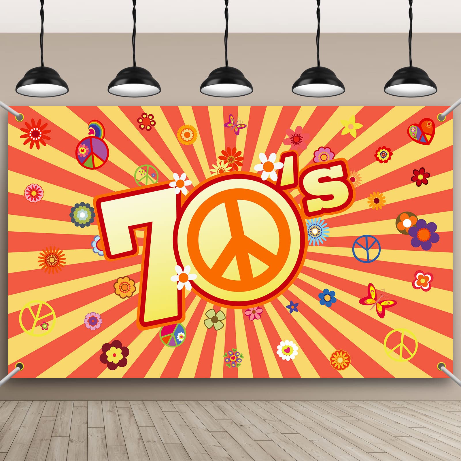 Hippie photo backdrop with red-and-yellow sunburst, peace sign, daisies, and the number 1