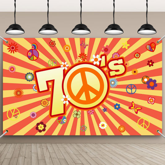 Hippie photo backdrop with red-and-yellow sunburst, peace sign, daisies, and the number 1