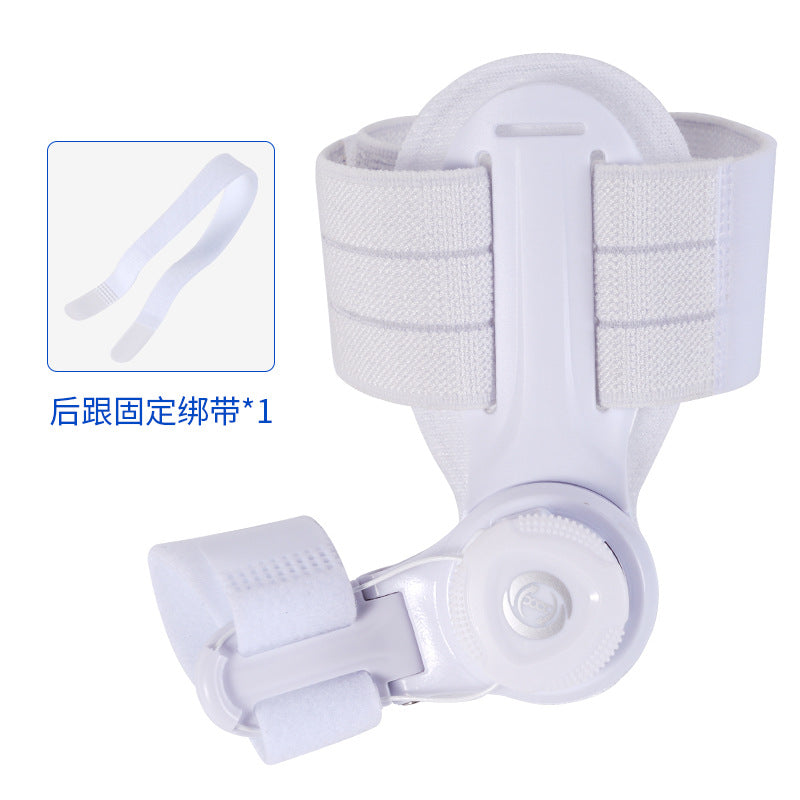 White bunion corrector brace with fabric heel straps and toe separator, round adjustment dial