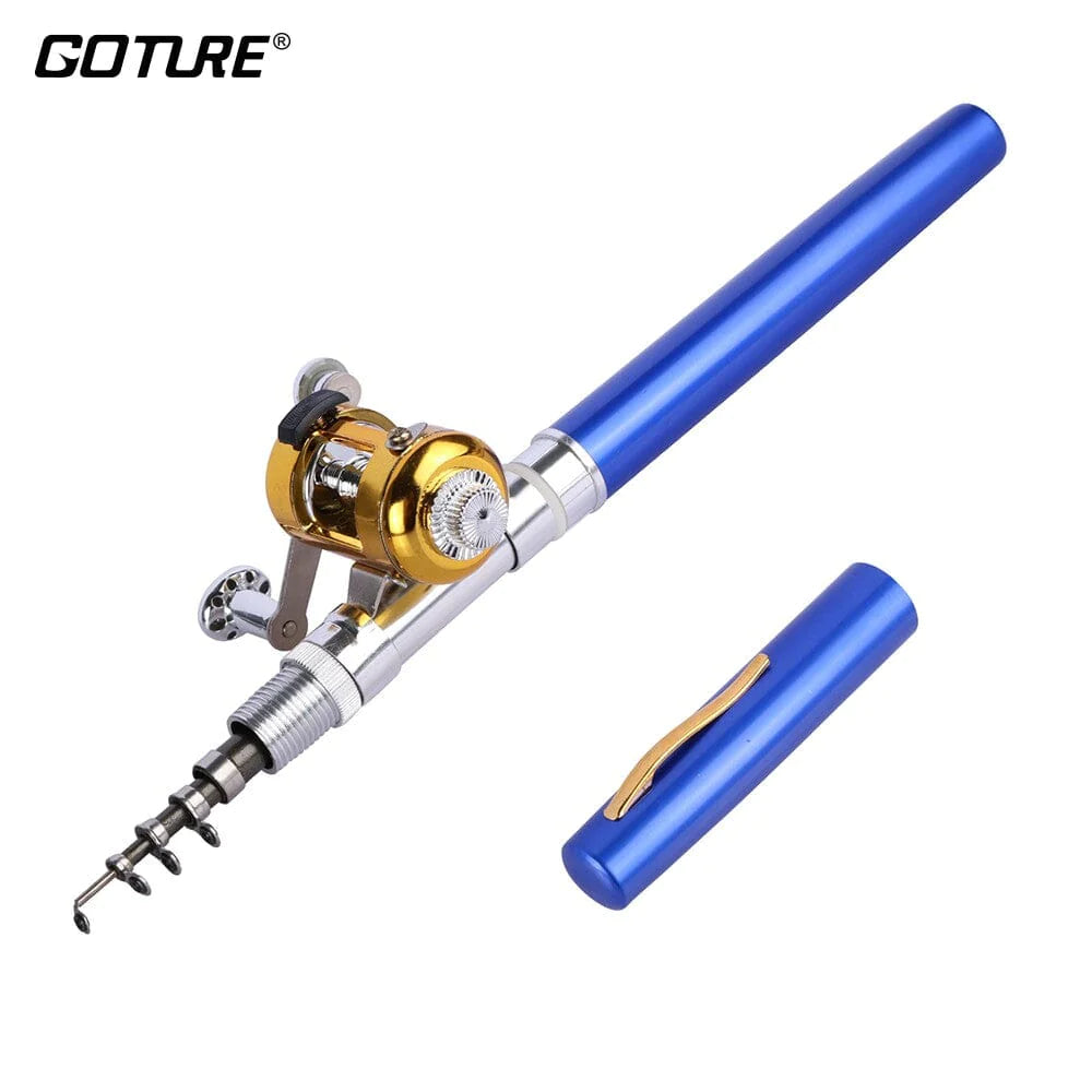GOTURE blue pocket fishing rod with reel and crank handle, compact tube case