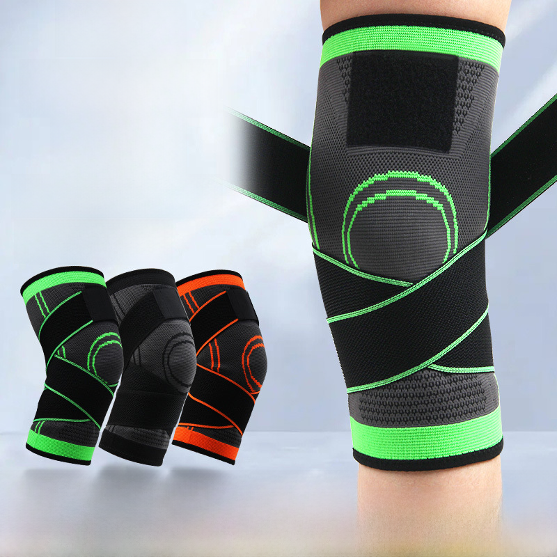 Green compression knee sleeve on leg with cross-brace support lines