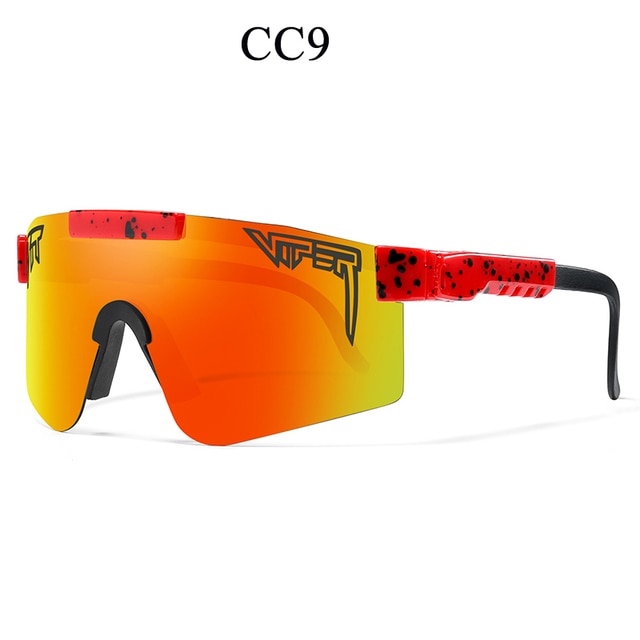 Women's fashion sunglasses with orange mirrored lens and red speckled temples, dark frame