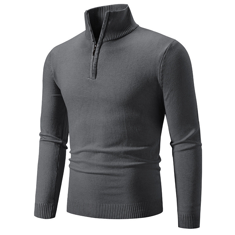 Men's fleece zip mock neck pullover sweater, gray, ribbed cuffs and zipper neck.