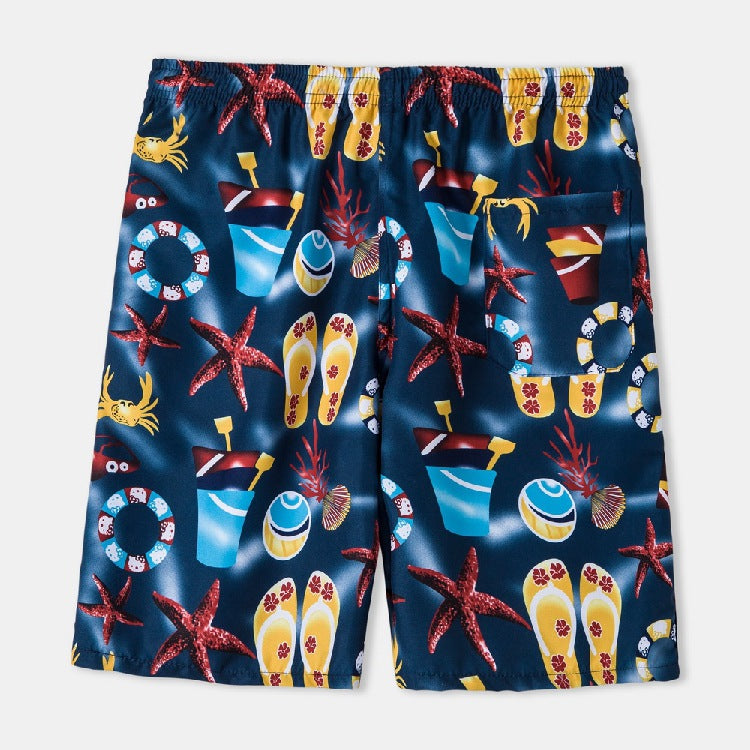 Men's Hawaiian swim shorts, blue tropical sea print with starfish and drinks