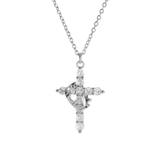 Silver-tone cross Y-chain necklace with pave crystal stones and hanging cross pendant