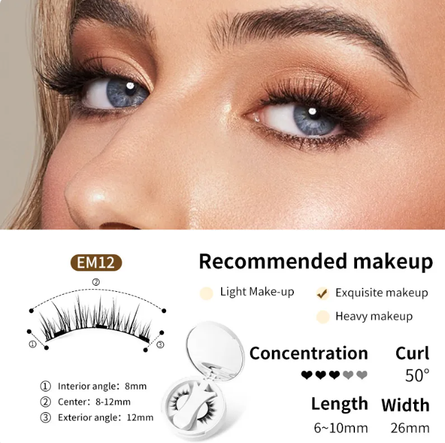Magnetic false eyelashes set diagram for EM12 style with open case and lash pair