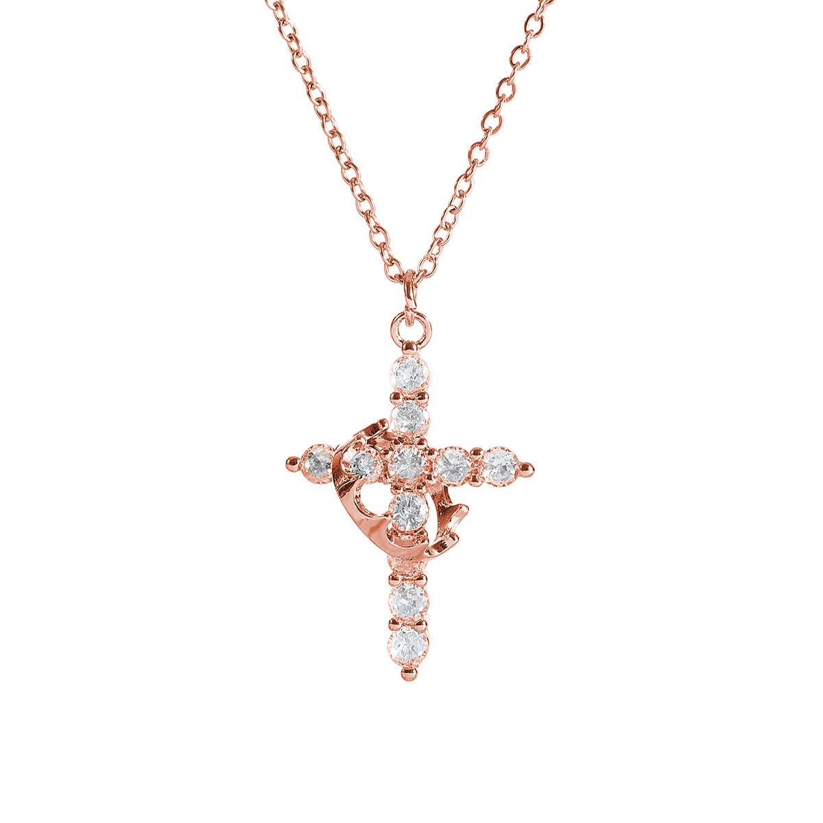 Rose gold-tone cross Y-chain necklace with pave crystal stones on a thin chain