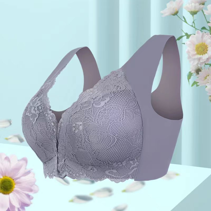 Wireless lace bra in gray, no-wire support, scalloped lace trim