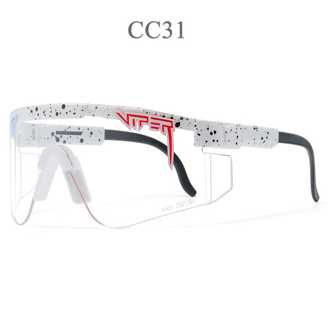 Women's sport sunglasses with clear lenses, white frame, and black temple tips