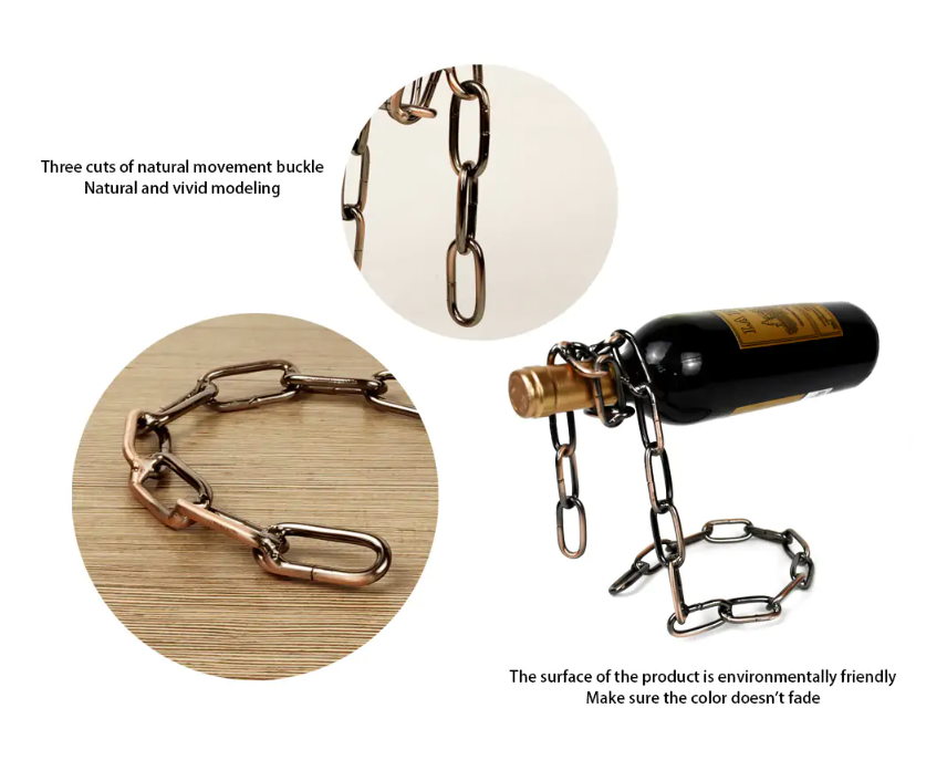 Wine bottle chain holder with chain links and dark bottle, detail view