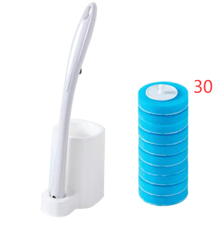 Toilet brush set with white holder, white handle, and blue disposable replacement heads