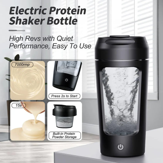 Black electric portable protein shaker bottle with flip lid and measurement markings