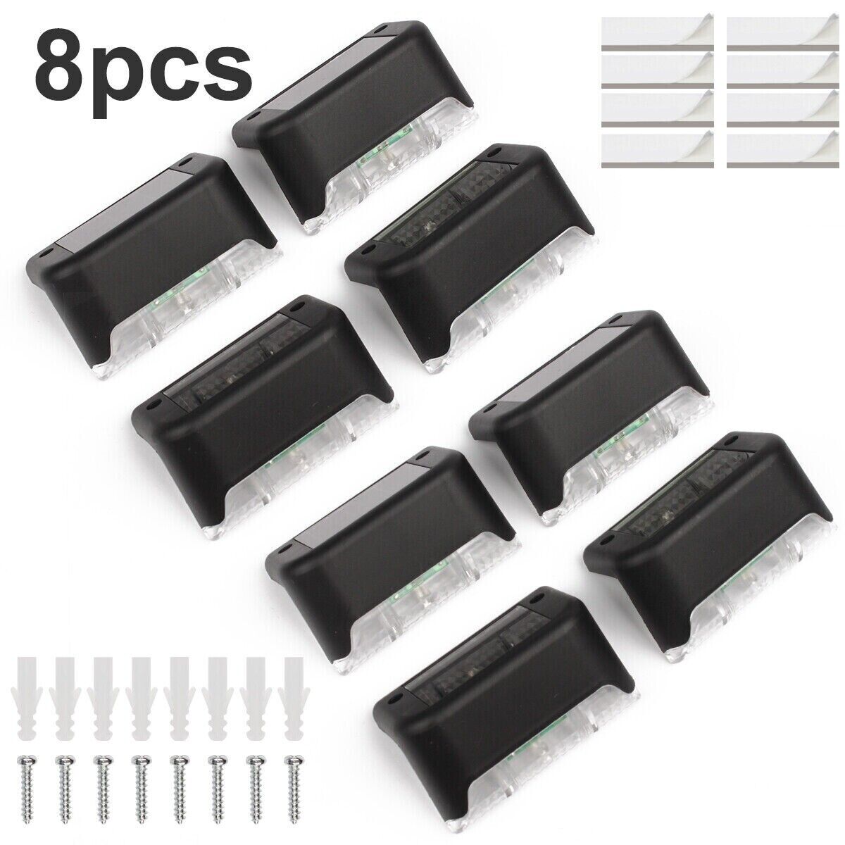 8-pack solar step lights, black housings with clear LED panels and mounting screws